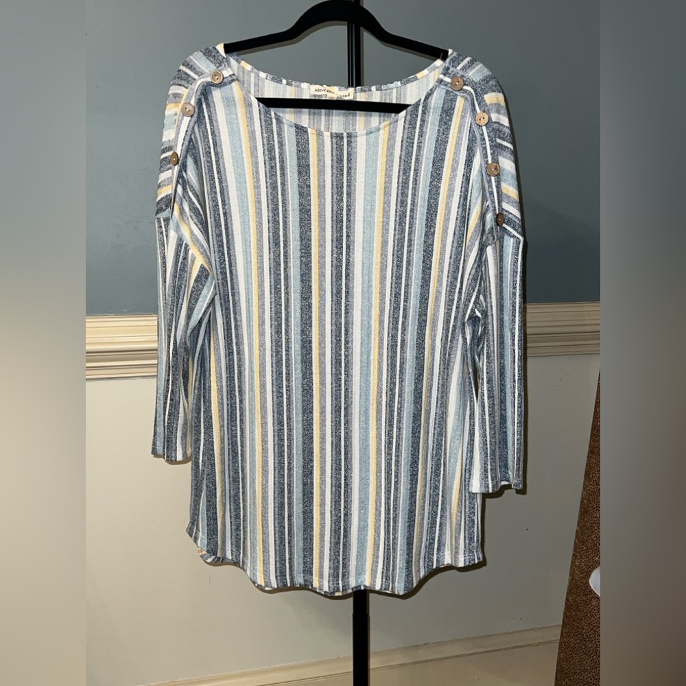 Above and Beyond Striped Long Sleeve Top Button Details blue‎ Woman’s Plus 2X